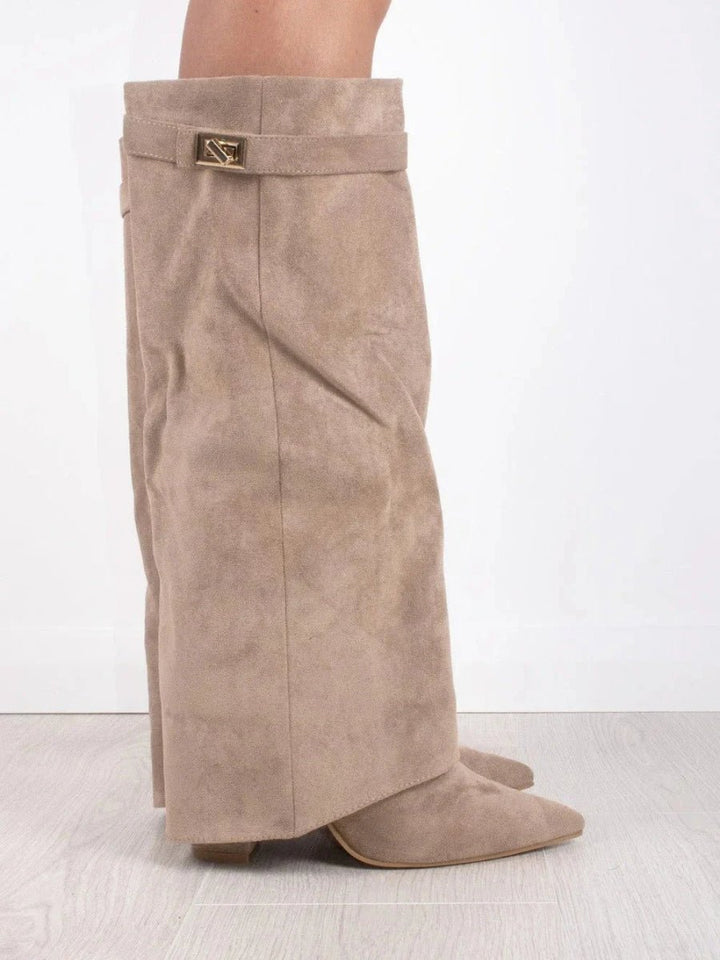 Women's Boots Black Suede Fold-Over Pointed-Toe Gold Clasp - Beige