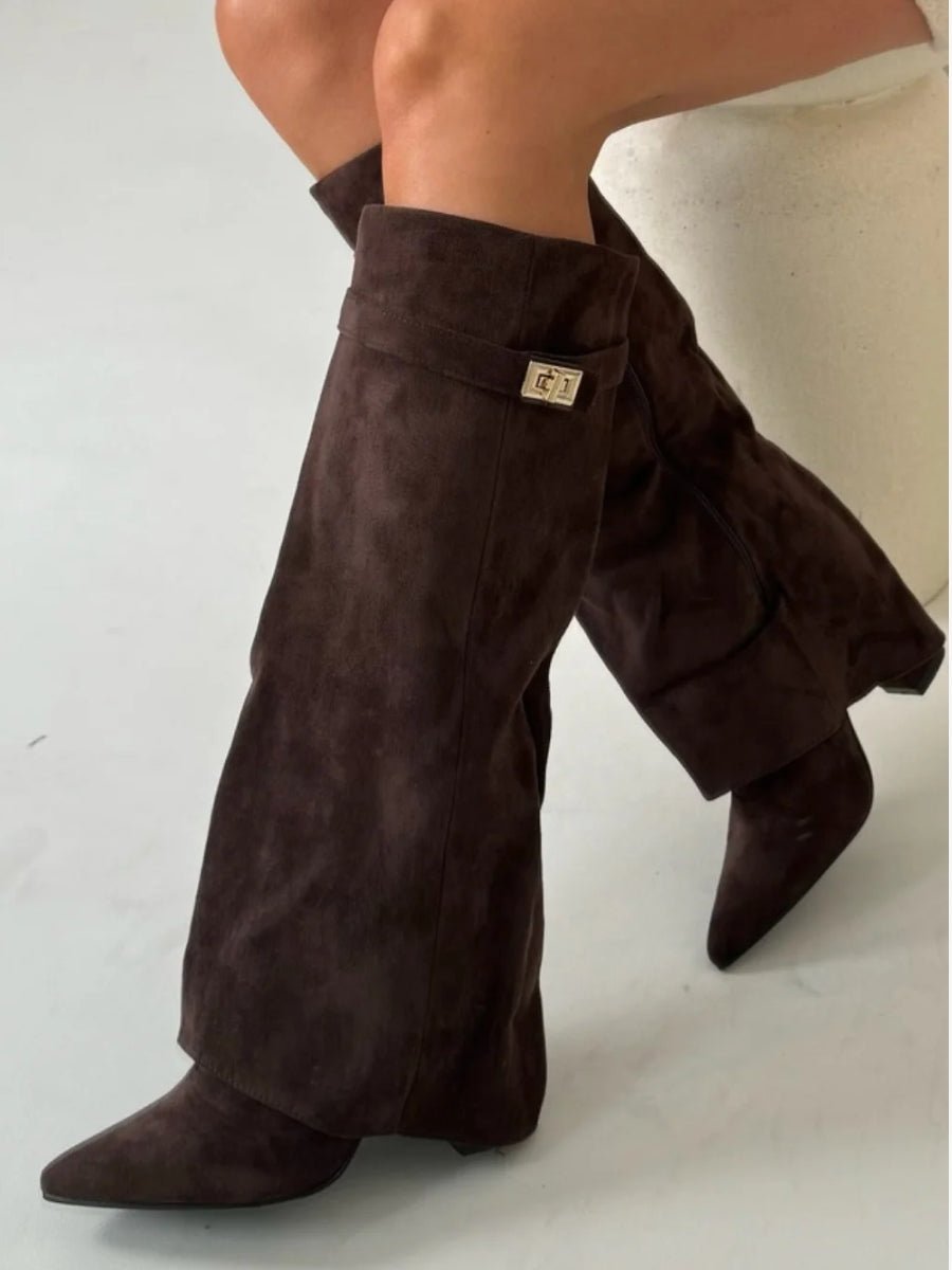 Women's Boots Black Suede Fold-Over Pointed-Toe Gold Clasp