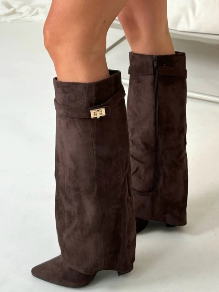 Women's Boots Black Suede Fold-Over Pointed-Toe Gold Clasp - Dark Brown