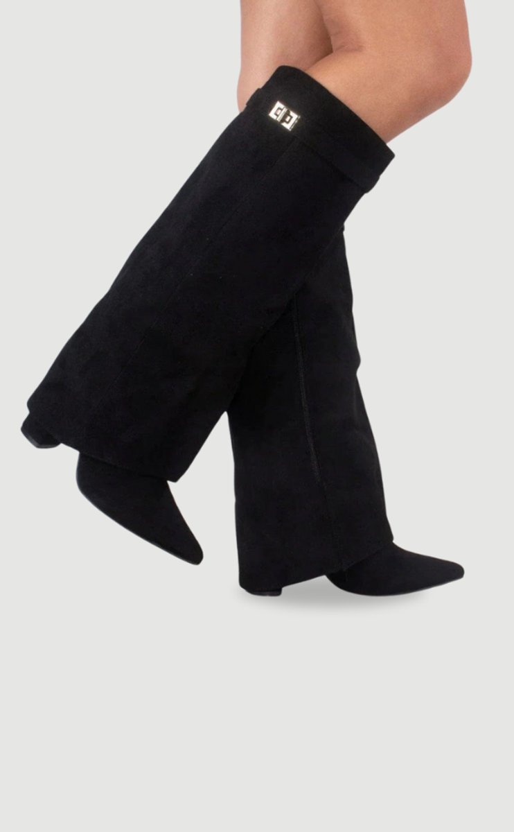 Women's Boots Black Suede Fold-Over Pointed-Toe Gold Clasp