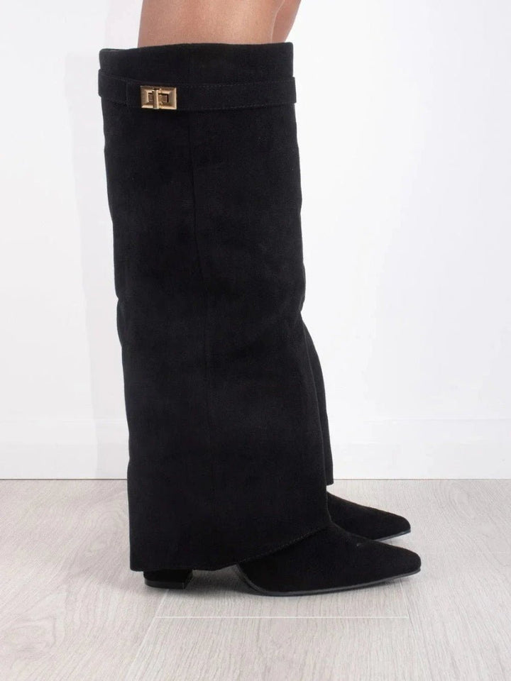 Women's Boots Black Suede Fold-Over Pointed-Toe Gold Clasp - Black