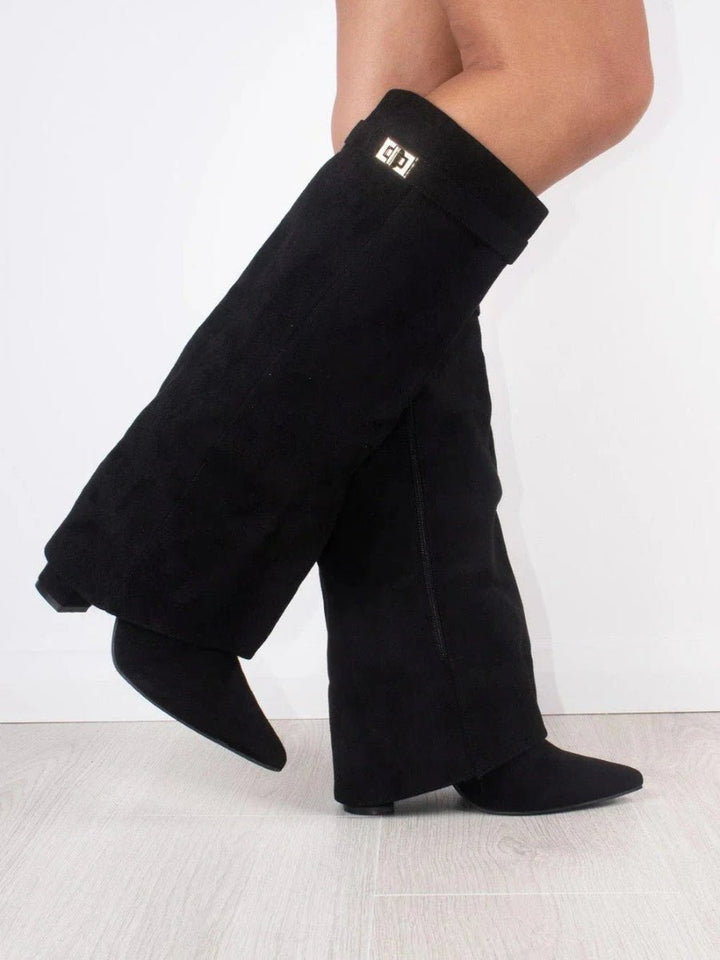 Women's Boots Black Suede Fold-Over Pointed-Toe Gold Clasp