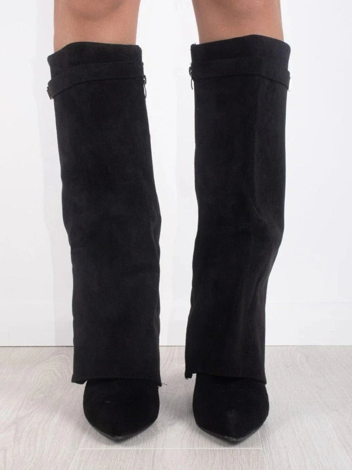 Women's Boots Black Suede Fold-Over Pointed-Toe Gold Clasp