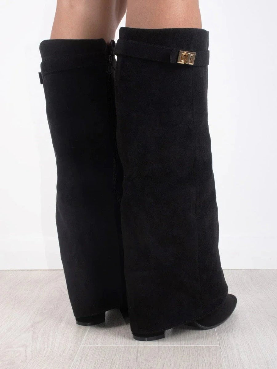 Women's Boots Black Suede Fold-Over Pointed-Toe Gold Clasp