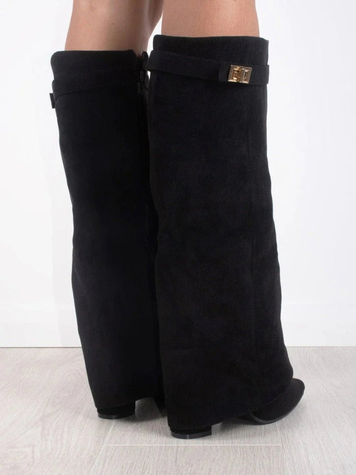 Women's Boots Black Suede Fold-Over Pointed-Toe Gold Clasp