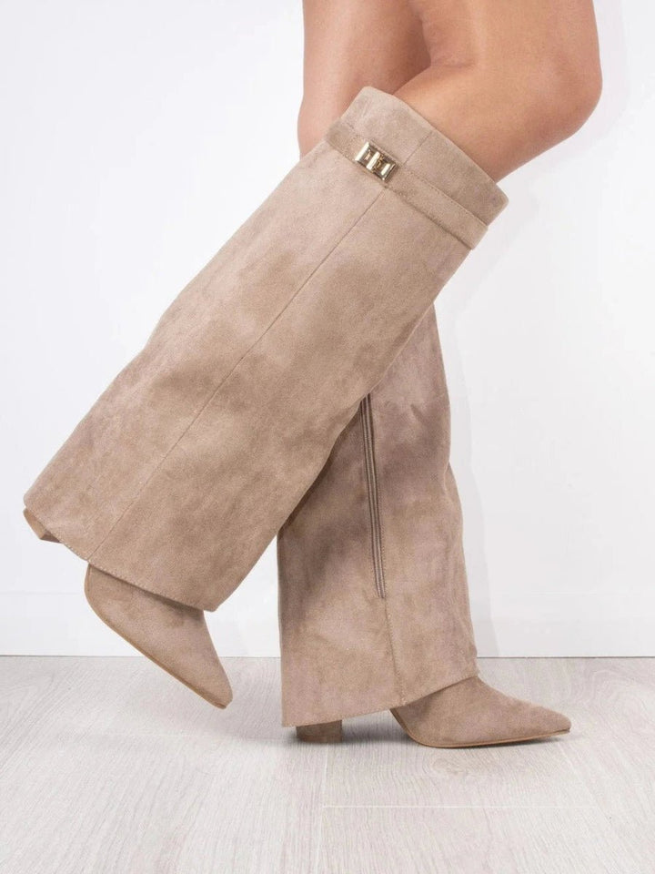 Women's Boots Black Suede Fold-Over Pointed-Toe Gold Clasp