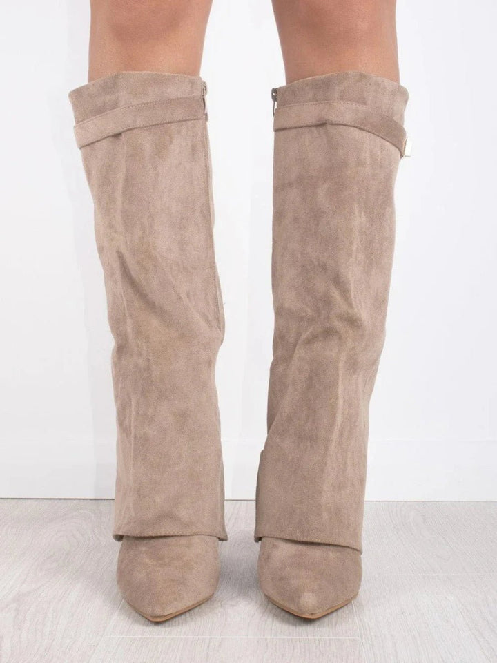Women's Boots Black Suede Fold-Over Pointed-Toe Gold Clasp