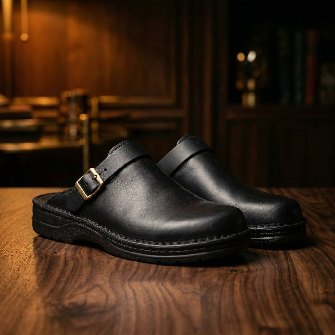 Women's Boots Premium Leather Slip-On Clogs - Black