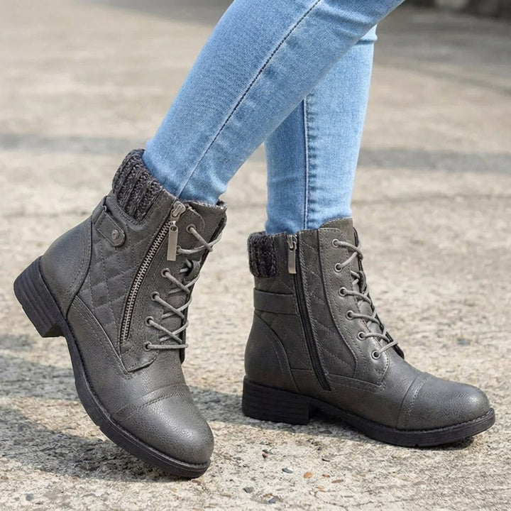 Women's Boots Quilted Faux Leather Lace-Up Side-Zip Ankle Boots - Gray
