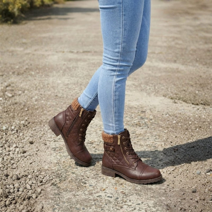 Women's Boots Quilted Faux Leather Lace-Up Side-Zip Ankle Boots