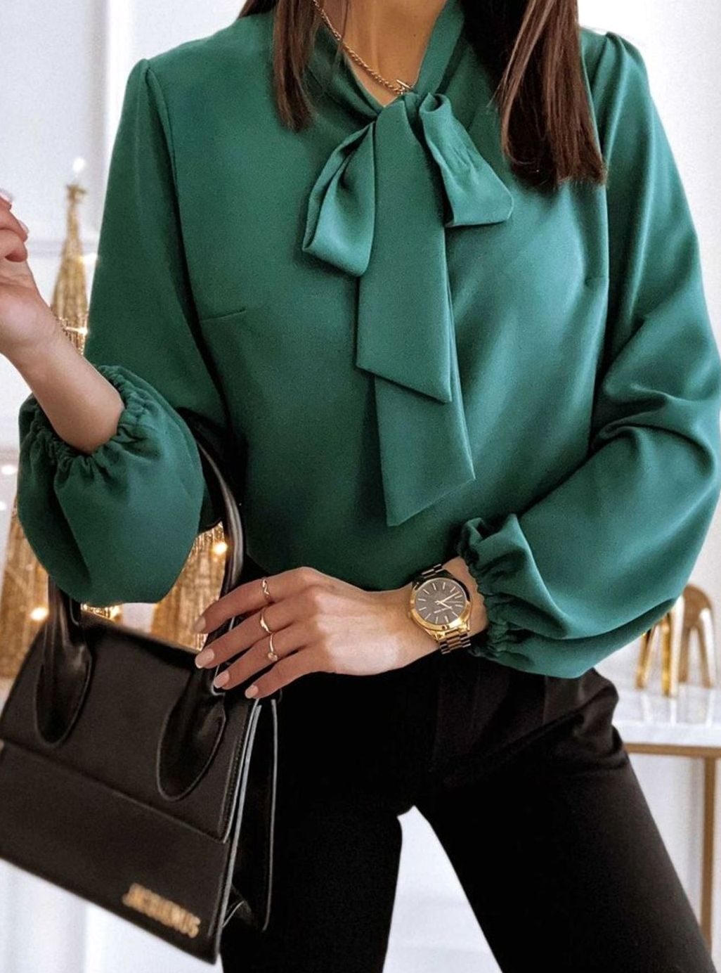 Women's Bow-Neck Puff Long Sleeve Blouse Tie-Neck Elegant Top - Green