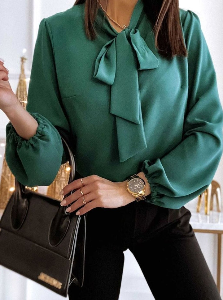 Women's Bow-Neck Puff Long Sleeve Blouse Tie-Neck Elegant Top - Green