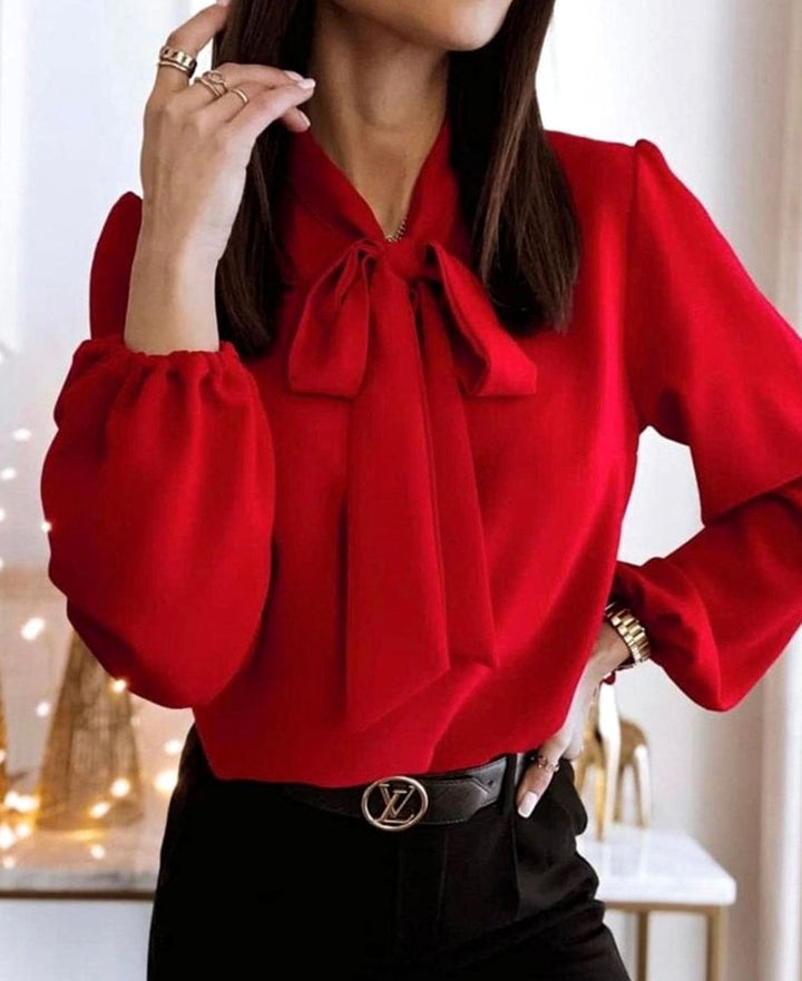 Women's Bow-Neck Puff Long Sleeve Blouse Tie-Neck Elegant Top - Red