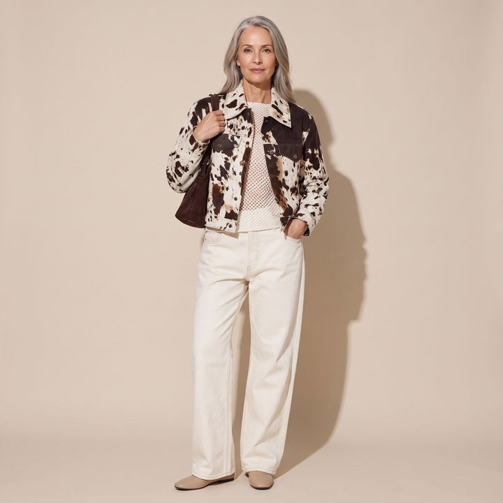 Women's Boxy Open-Front Cow Print Statement Jacket - Multicolor