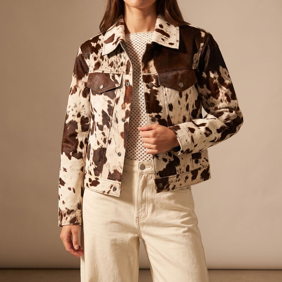 Women's Boxy Open-Front Cow Print Statement Jacket