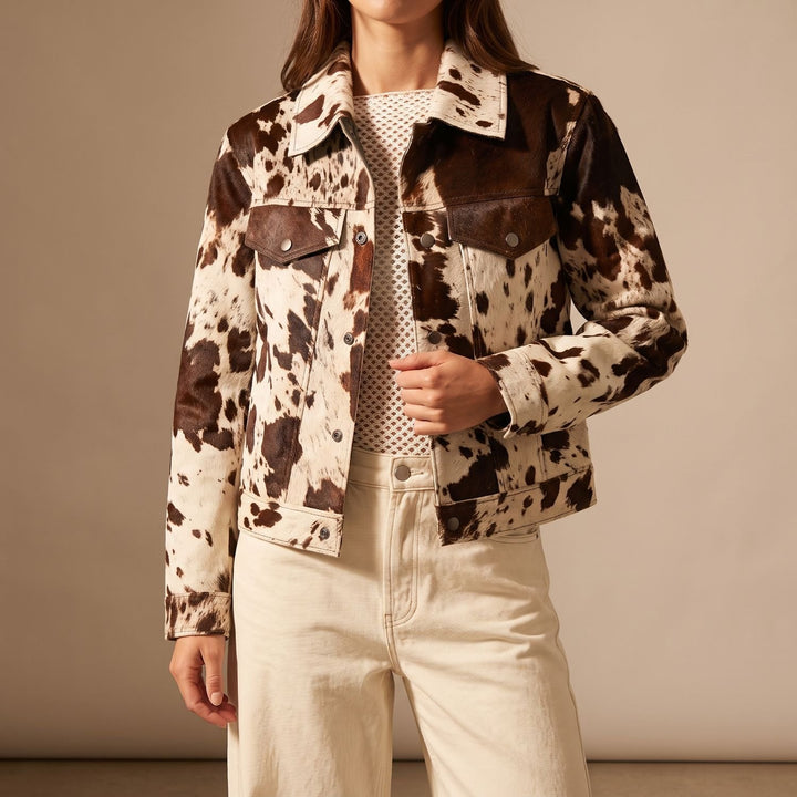 Women's Boxy Open-Front Cow Print Statement Jacket
