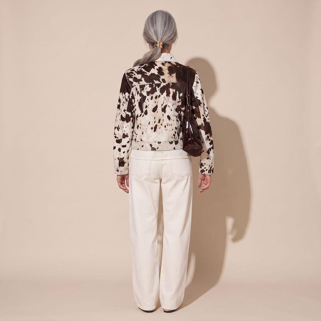 Women's Boxy Open-Front Cow Print Statement Jacket