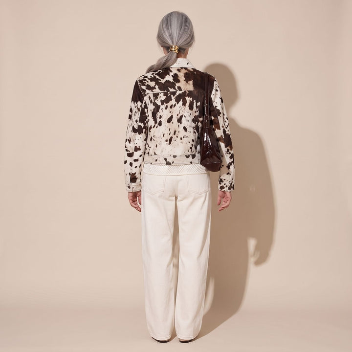 Women's Boxy Open-Front Cow Print Statement Jacket