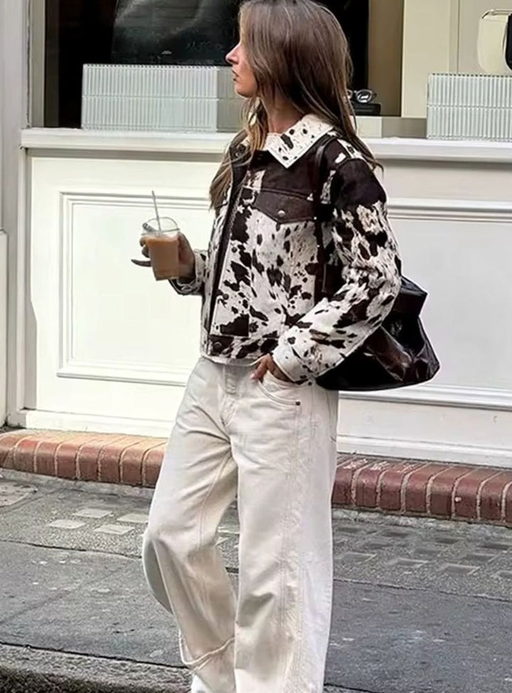 Women's Boxy Open-Front Cow Print Statement Jacket