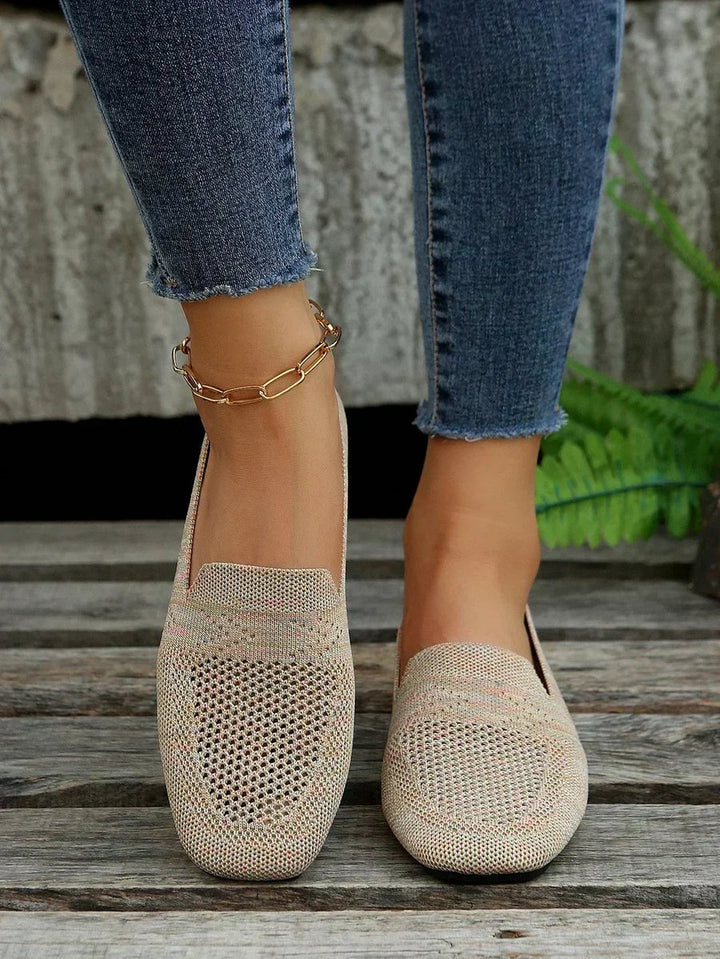 Women's Breathable Knit Slip-On Square-Toe Loafers - Beige