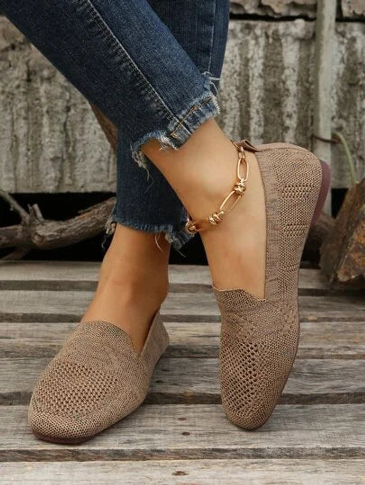 Women's Breathable Knit Slip-On Square-Toe Loafers - Khaki