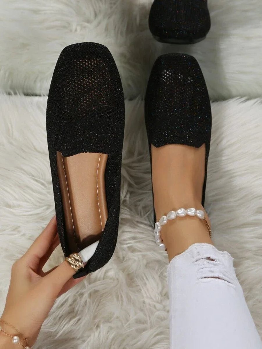 Women's Breathable Knit Slip-On Square-Toe Loafers - Black
