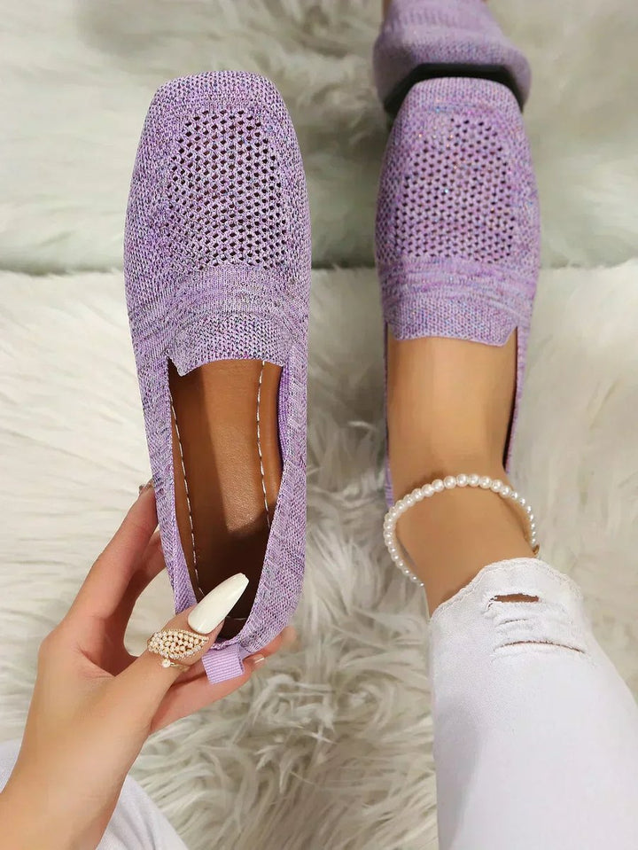 Women's Breathable Knit Slip-On Square-Toe Loafers - Purple