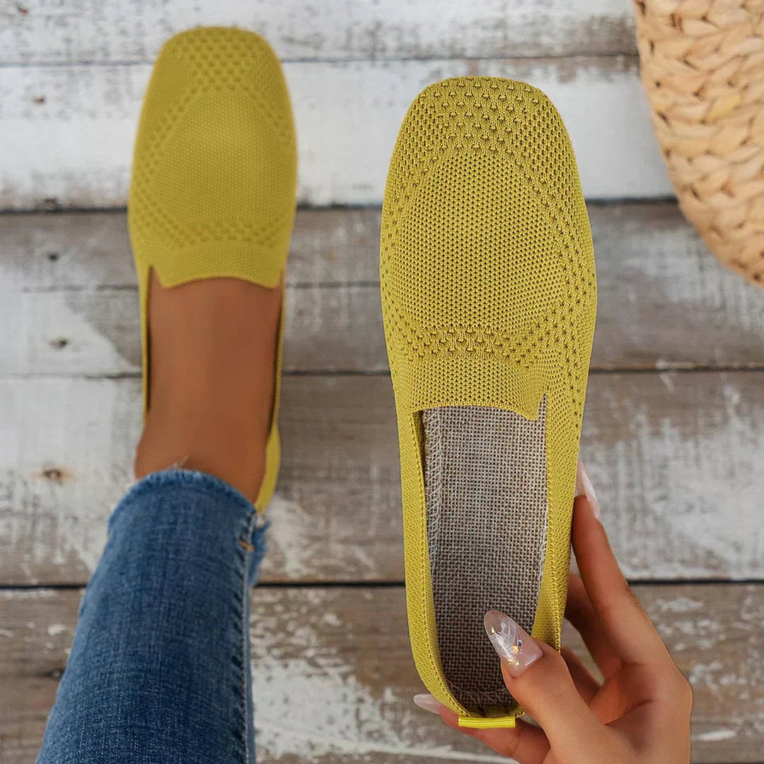 Women's Breathable Knit Slip-On Square-Toe Loafers - Yellow