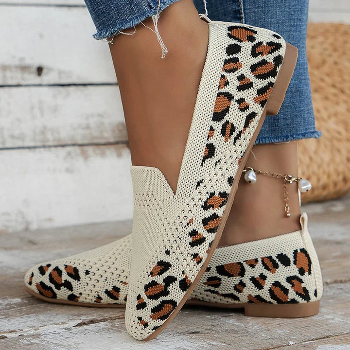 Women's Breathable Knit Slip-On Square-Toe Loafers - Leopard