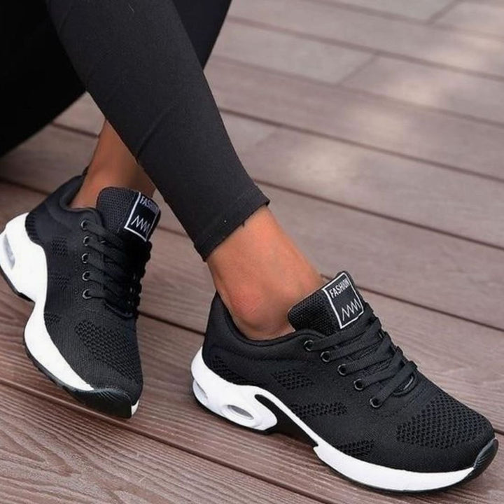 Women's Breathable Mesh Lace-Up Air-Cushion Running Shoes - Black