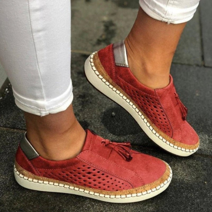 Women's Breathable Perforated Slip-On Sneakers Arch Support - Red