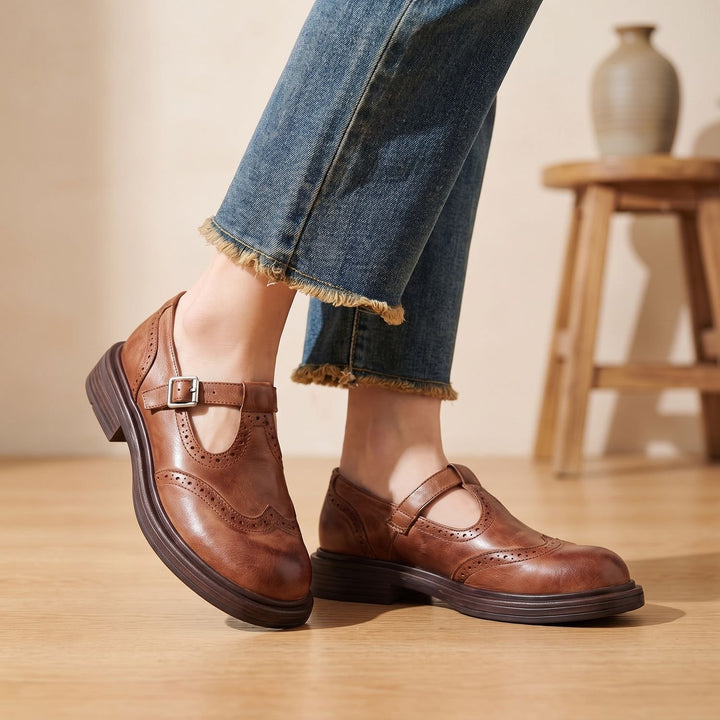 Women's Brogue T-Strap Buckle Flat Mary Jane Shoes - Brown