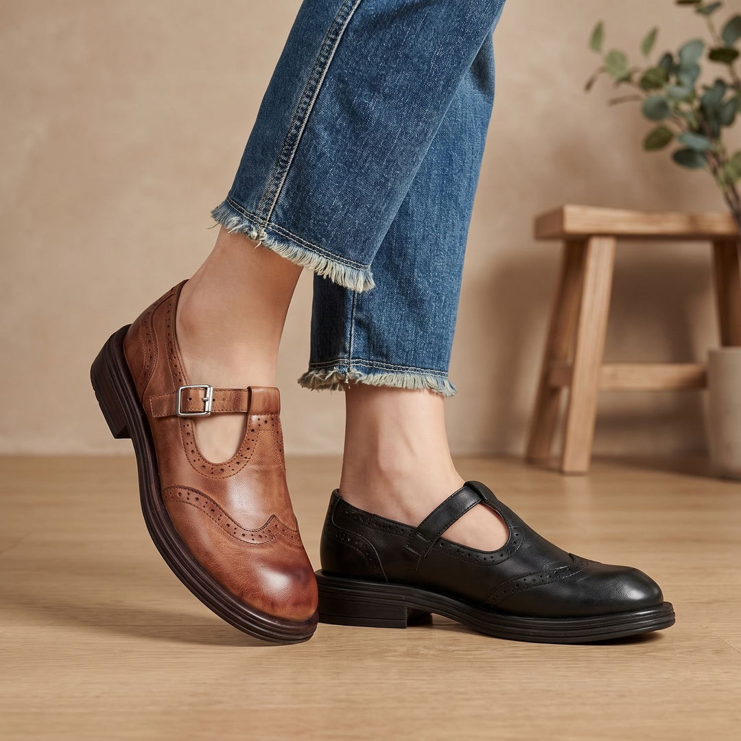 Women's Brogue T-Strap Buckle Flat Mary Jane Shoes