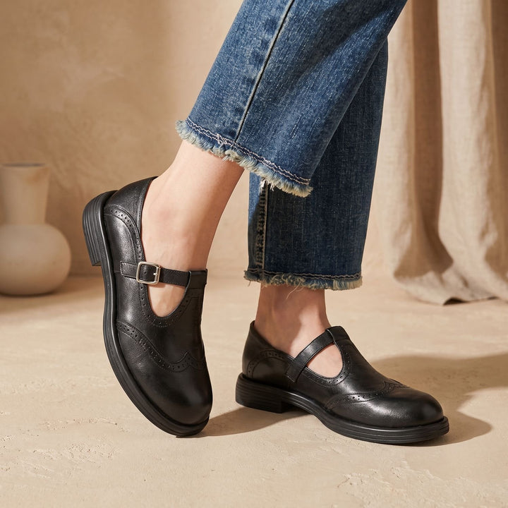 Women's Brogue T-Strap Buckle Flat Mary Jane Shoes - Black