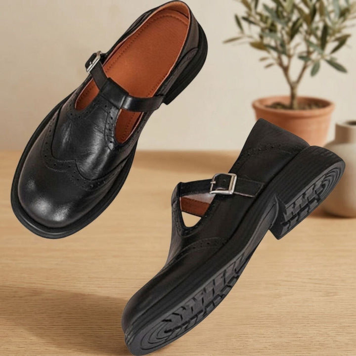 Women's Brogue T-Strap Buckle Flat Mary Jane Shoes