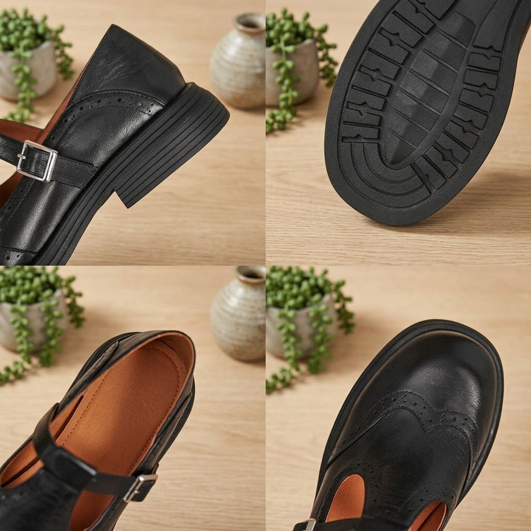 Women's Brogue T-Strap Buckle Flat Mary Jane Shoes