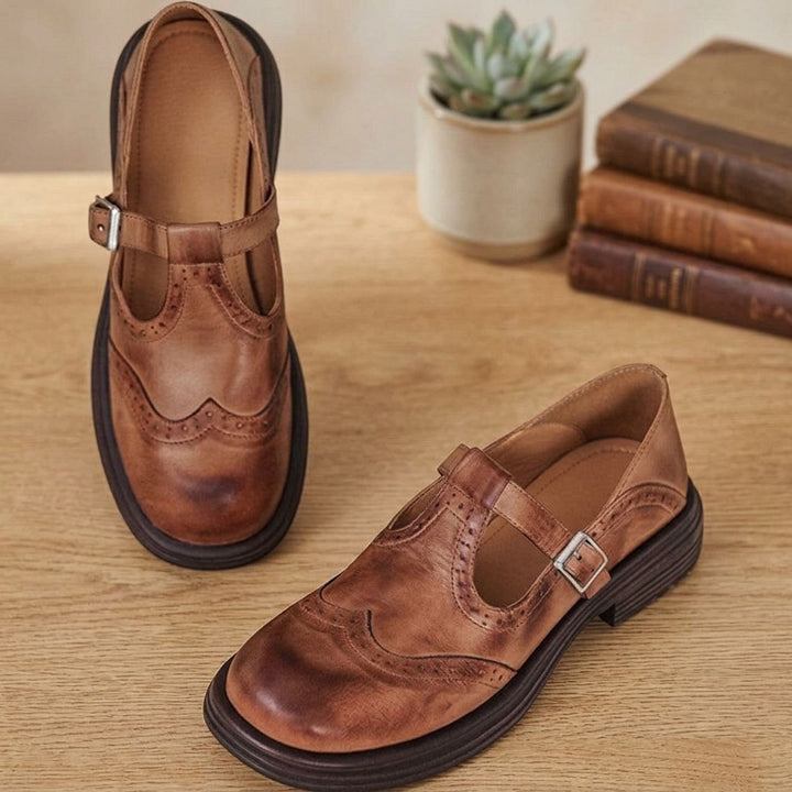 Women's Brogue T-Strap Buckle Flat Mary Jane Shoes