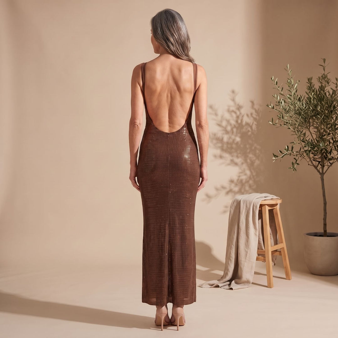 Women's Brown Sequin Maxi Dress Spaghetti Strap Fitted Gown