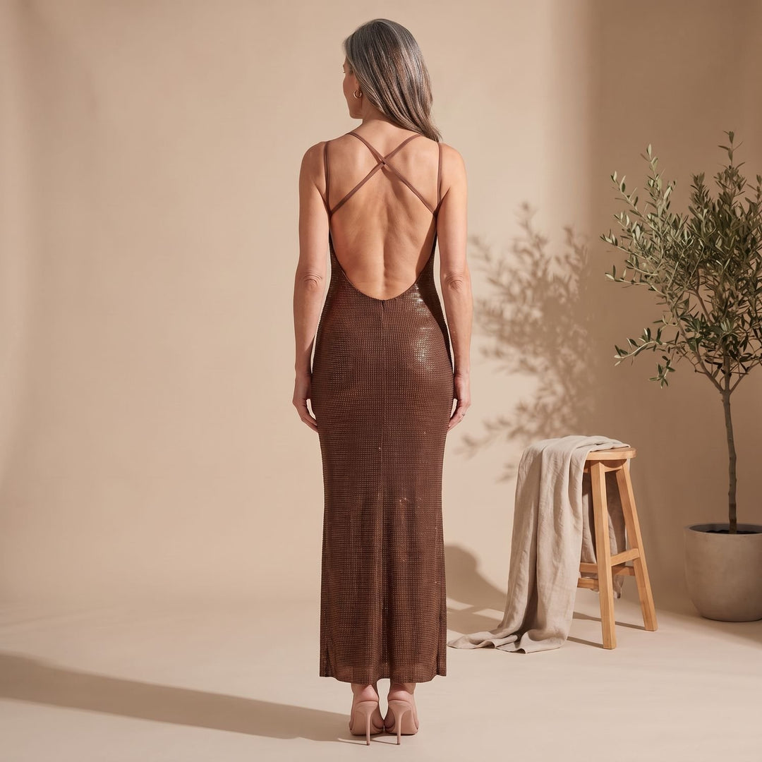 Women's Brown Sequin Maxi Dress Spaghetti Strap Fitted Gown