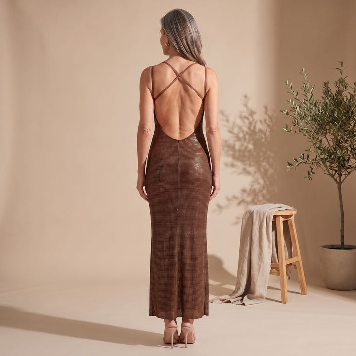 Women's Brown Sequin Maxi Dress Spaghetti Strap Fitted Gown