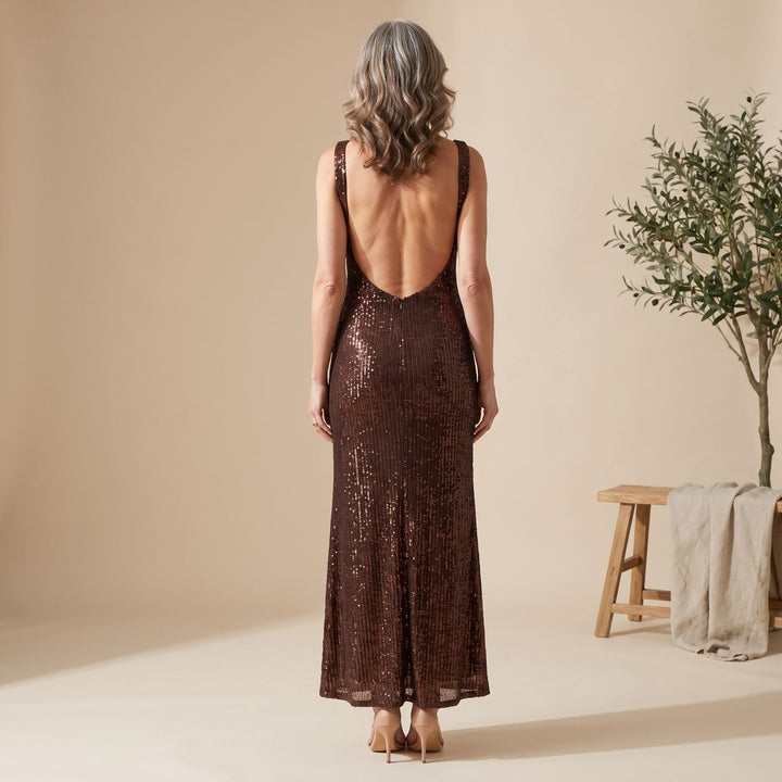 Women's Brown Sequin Maxi Dress Spaghetti Strap Fitted Gown