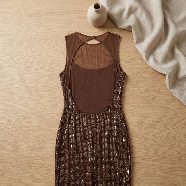 Women's Brown Sequin Maxi Dress Spaghetti Strap Fitted Gown