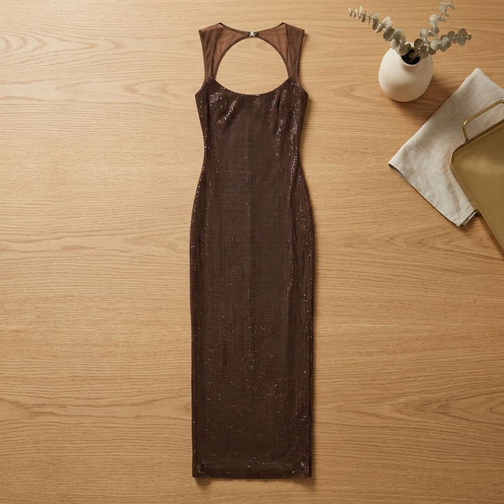 Women's Brown Sequin Maxi Dress Spaghetti Strap Fitted Gown