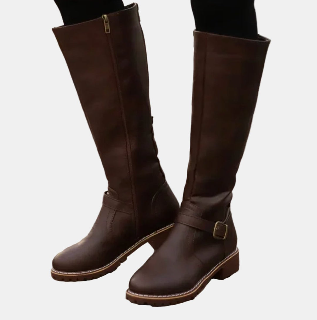 Women's Buckle-Strap Riding Knee High Boots Low Heel