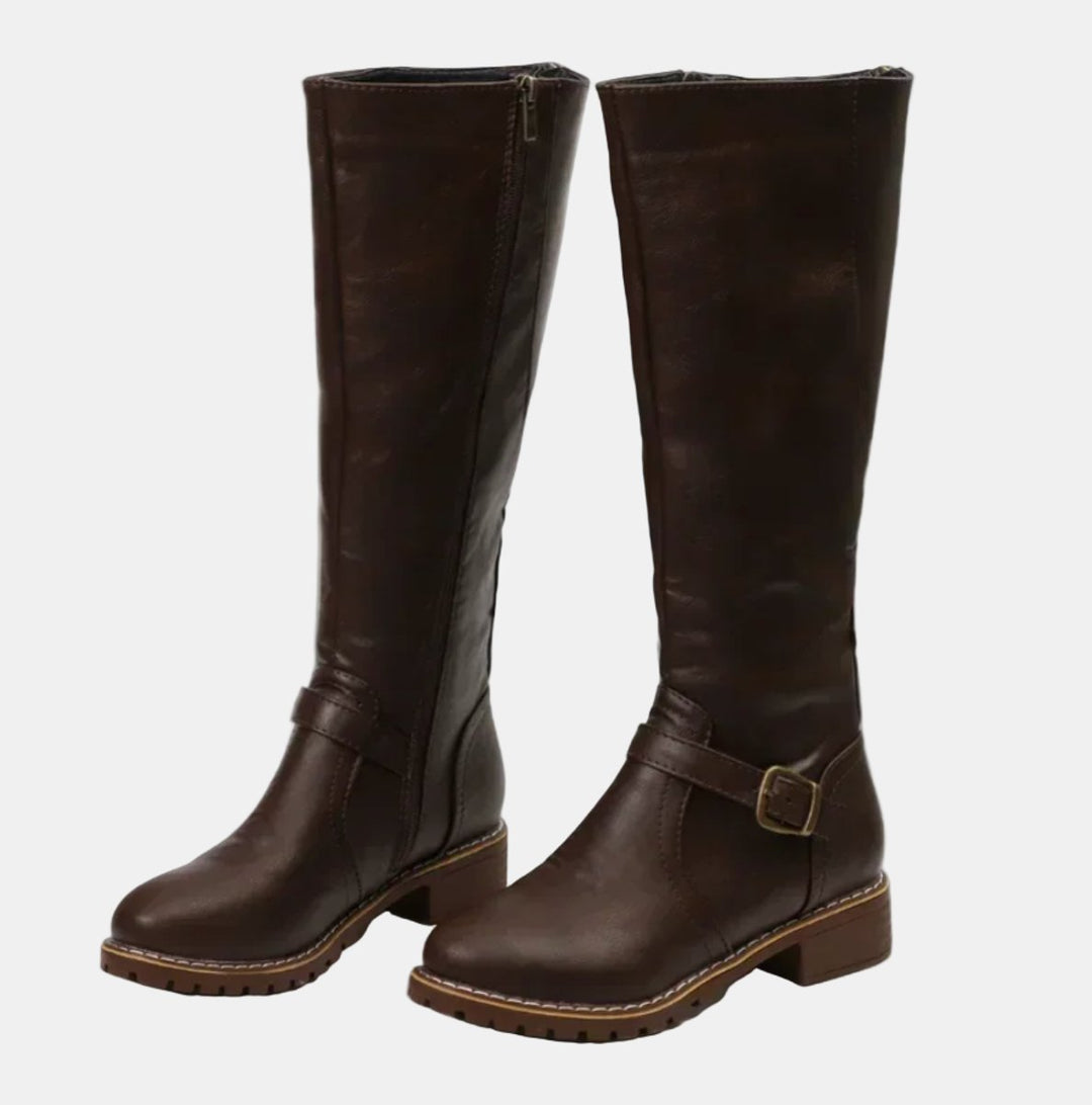 Women's Buckle-Strap Riding Knee High Boots Low Heel