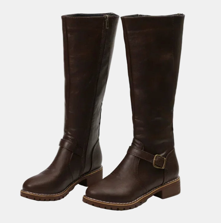 Women's Buckle-Strap Riding Knee High Boots Low Heel