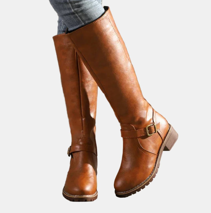 Women's Buckle-Strap Riding Knee High Boots Low Heel - Brown