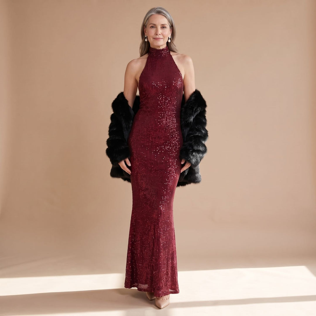 Women's Burgundy Sequin Halter-Neck Fitted Maxi Dress