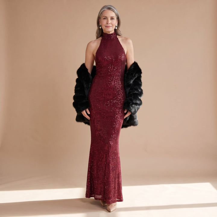 Women's Burgundy Sequin Halter-Neck Fitted Maxi Dress