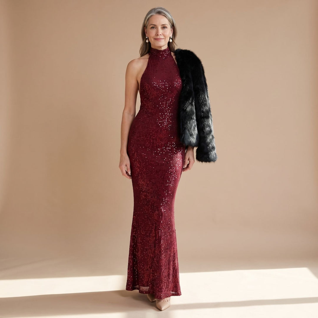 Women's Burgundy Sequin Halter-Neck Fitted Maxi Dress - Burgundy